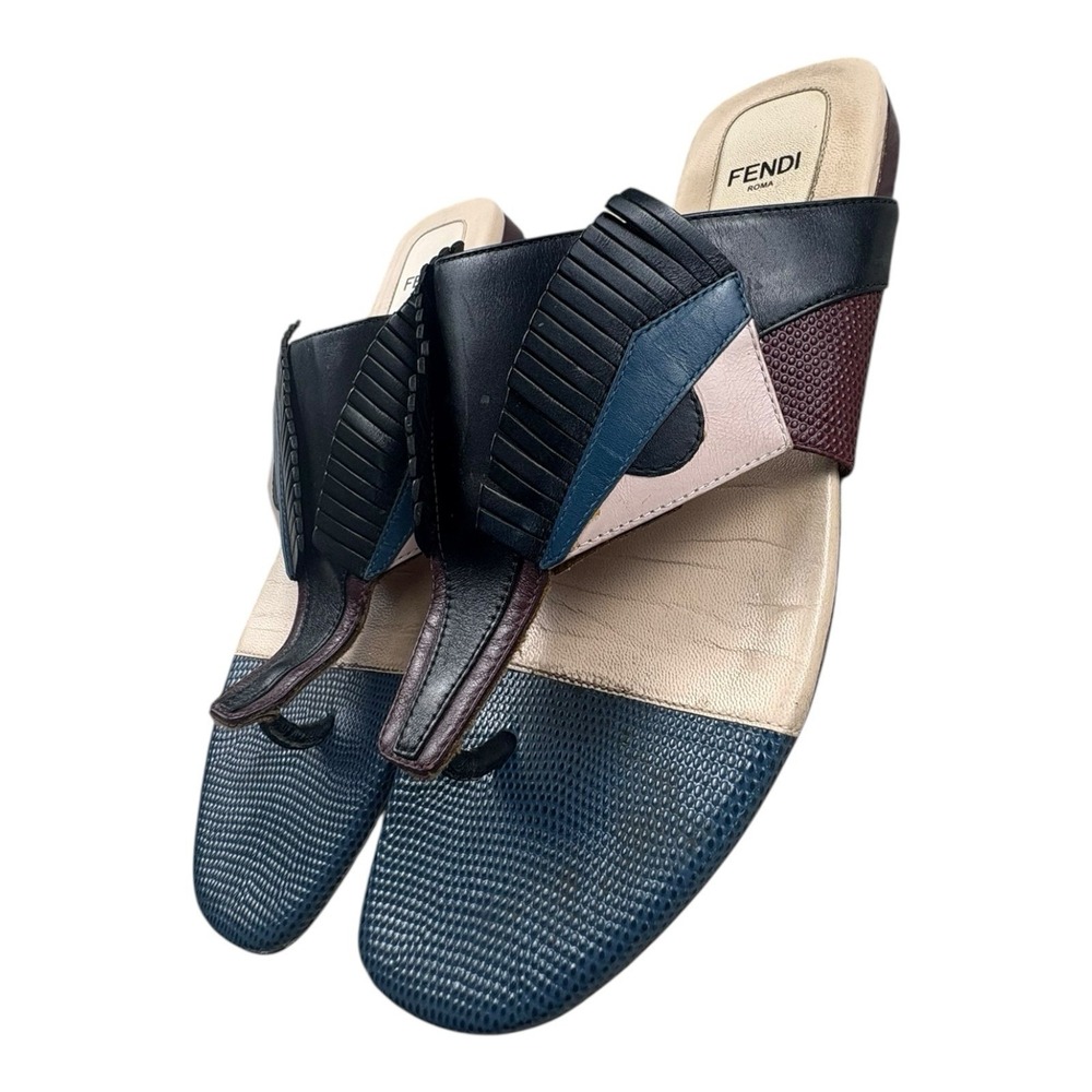 Fendi Roma Colorblock Leather Slide Sandals‎ Size 38 EU Made in Italy - Picture 8 of 12